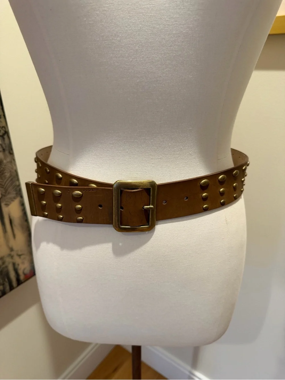 Nine West Brown Leather Studded Belt with Brass Buckle
